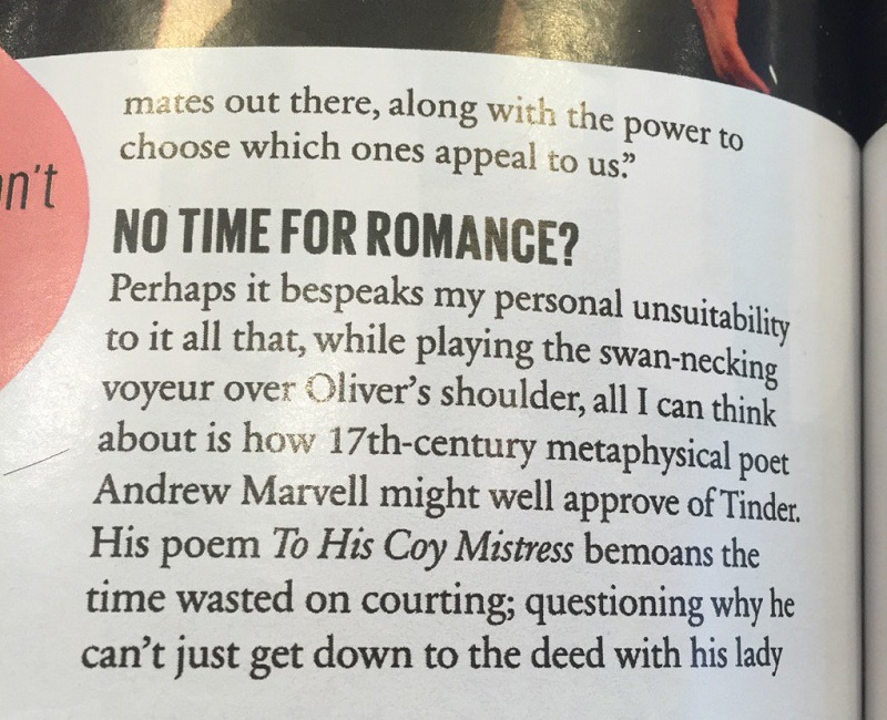 Cosmopolitan writer thinks of Andrew Marvell when writing about Tinder
