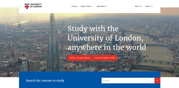 University of London website homepage in 2017