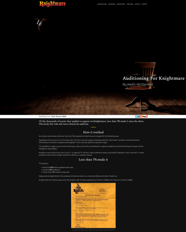 New backstage section for Knightmare.com (launched 2020)