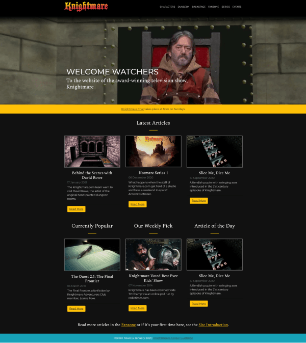 The homepage for the new Knightmare.com (launched 2020)