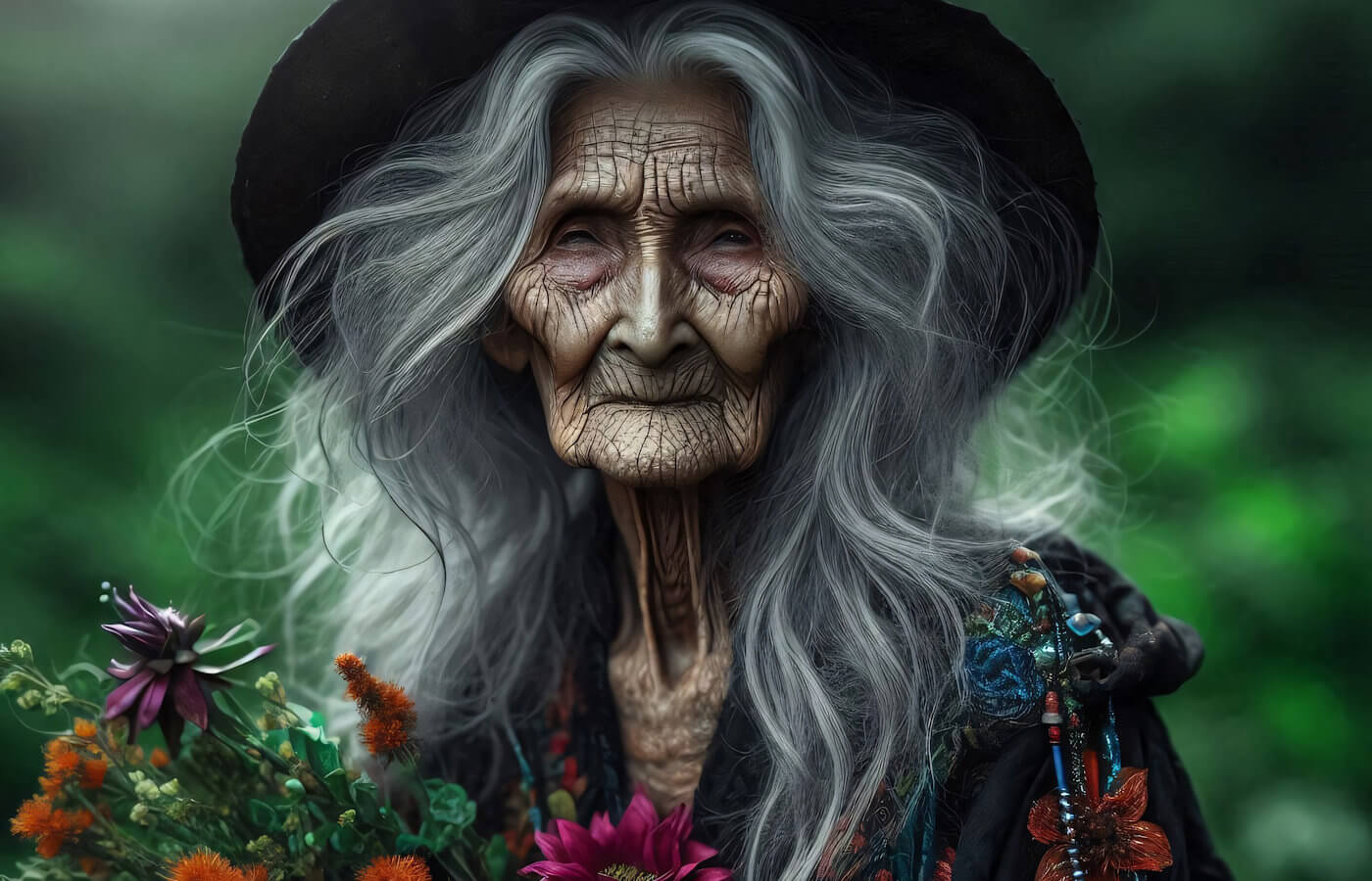 AI generated witch, wearing hat, holding flowers. Credit: Barbus via Pixabay: pixabay.com/illustrations/witch-old-witch-hat-elderly-8824772/